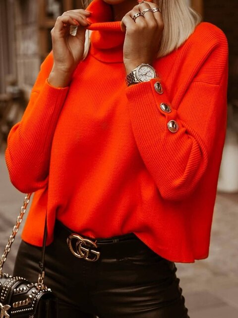 Priscilla | Women's Knit Sweater with Funnel Neck and Button Cuff Accents
