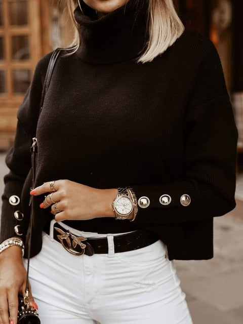 Priscilla | Women's Knit Sweater with Funnel Neck and Button Cuff Accents