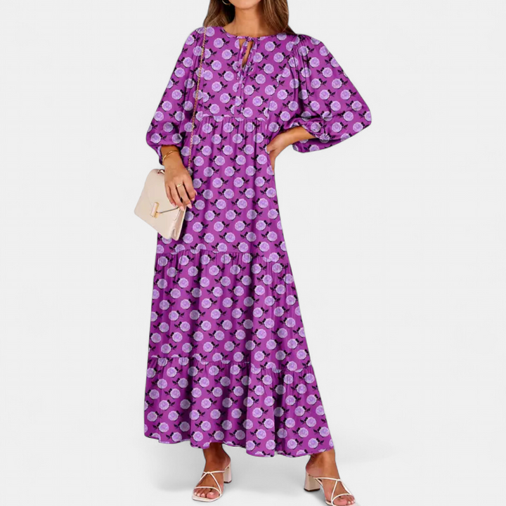 LYRIA | Bohemian Geometric Maxi Dress with Puff Sleeves
