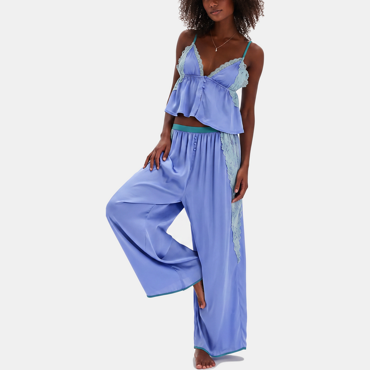 Women's Wide Leg Satin Pajama Set with Lace Trim Cami Top