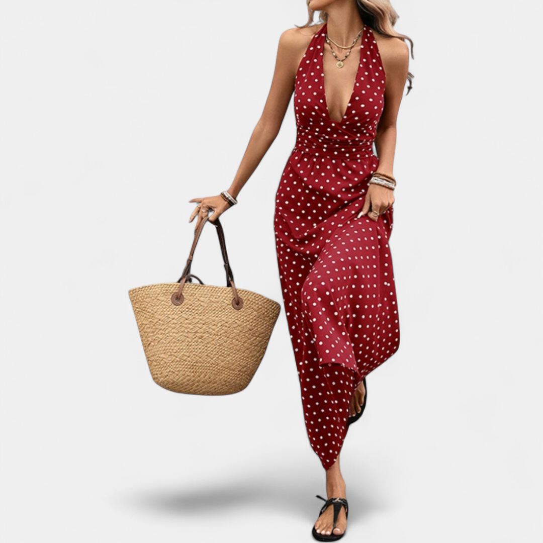 VIVA | Chic Polka Dot Halter Maxi Dress