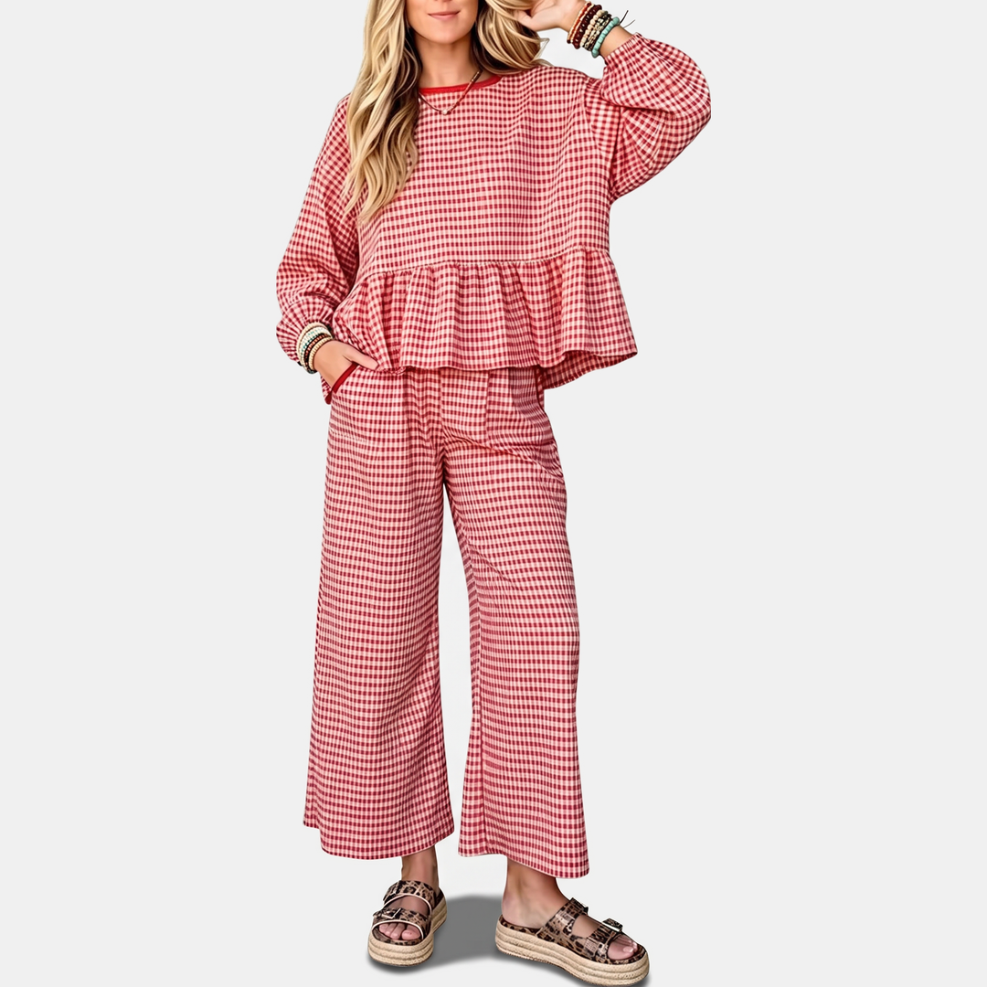 Women's Ruffle Hem Cropped Lounge Set with Wide Leg Trousers