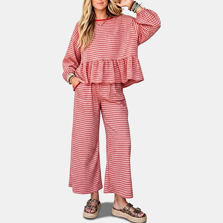 Women's Ruffle Hem Cropped Lounge Set with Wide Leg Trousers