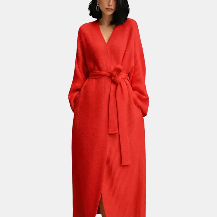 Maxi Ribbed Knit Wrap Robe for Women with Self-Tie Belt
