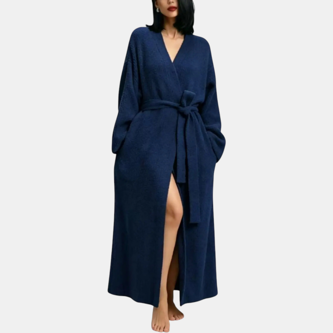 Maxi Ribbed Knit Wrap Robe for Women with Self-Tie Belt