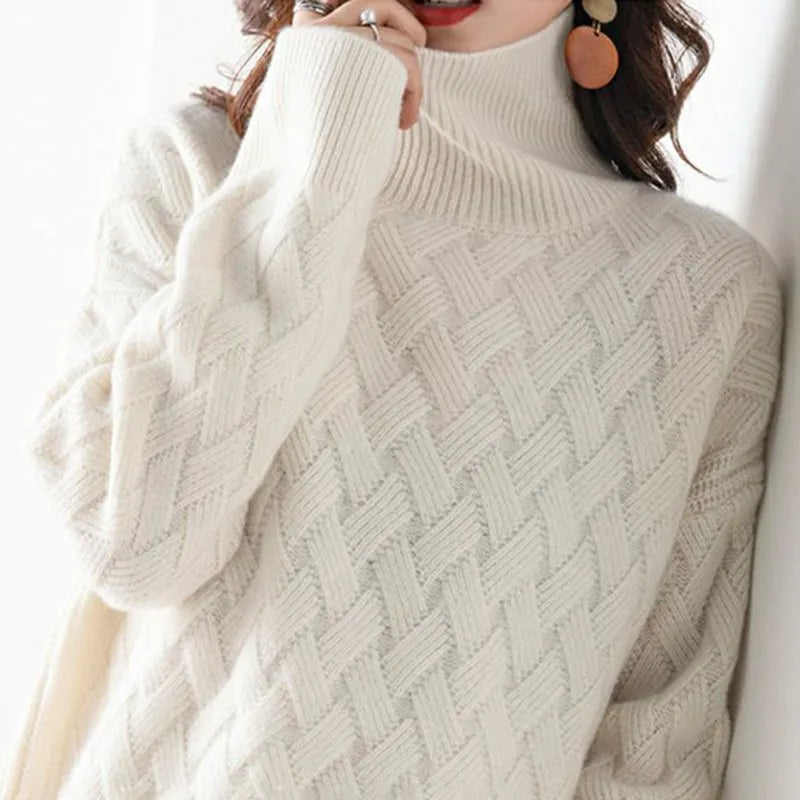 Valentina | Women's Cashmere Blend Turtleneck with Basket Weave Knit