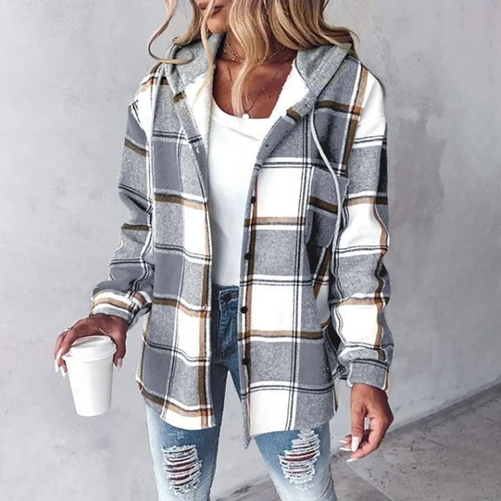 Klea Women's Plaid Hooded Shirt Jacket with Button-Down Front