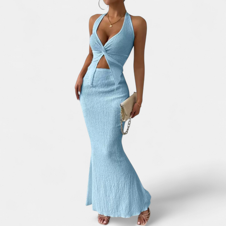 CAITRIONA | Twisted Front Halter Crop Maxi Ensemble