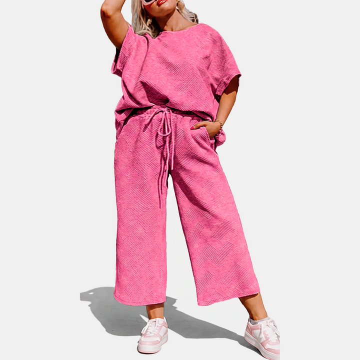 Women's Cropped Wide Leg Lounge Set with Textured Blouson Top