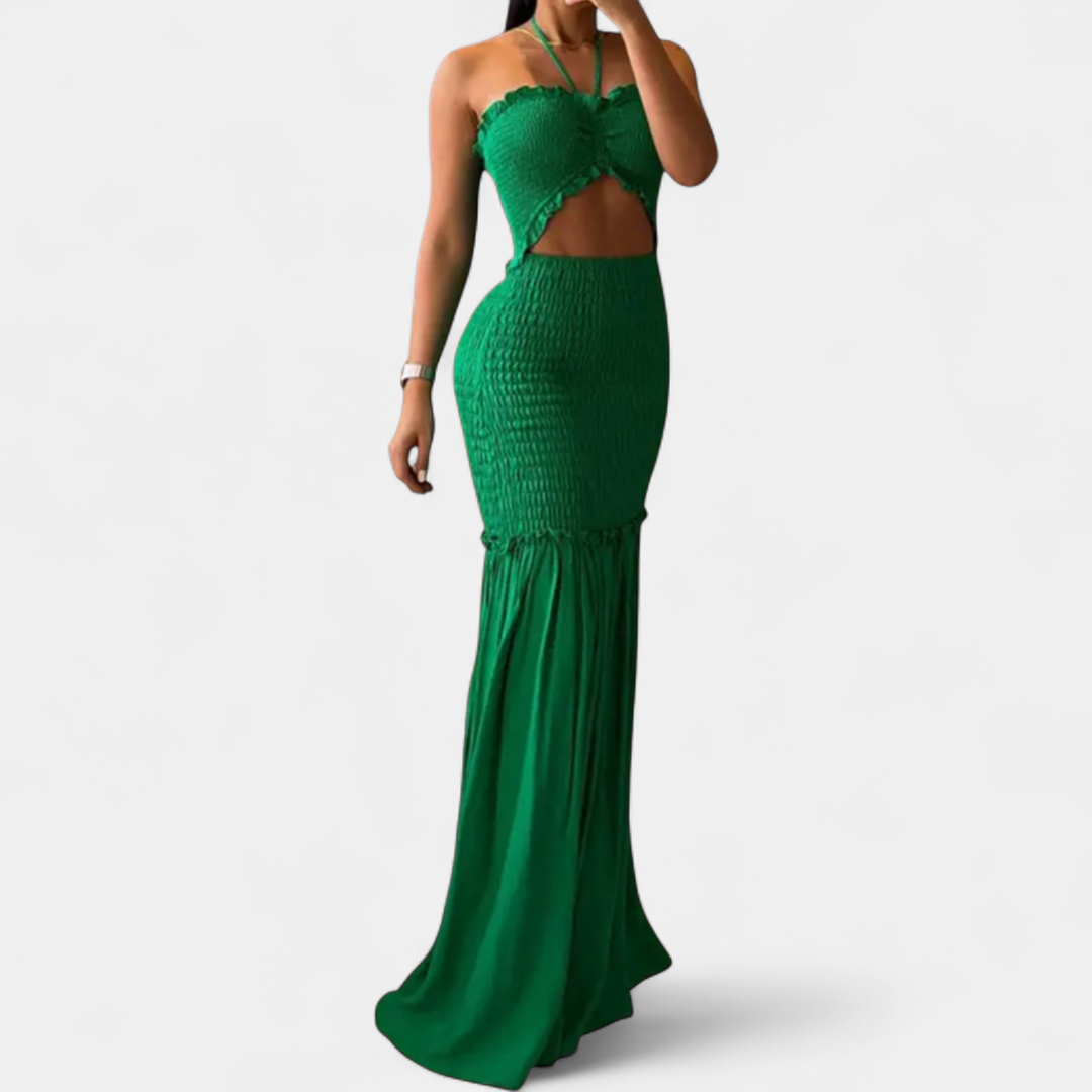 SOLÈNE | Tropical Print Smocked Mermaid Maxi Gown