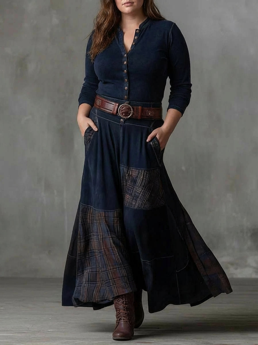 Frankie | Navy Blue Suede Check Vintage Long Dress with Belt