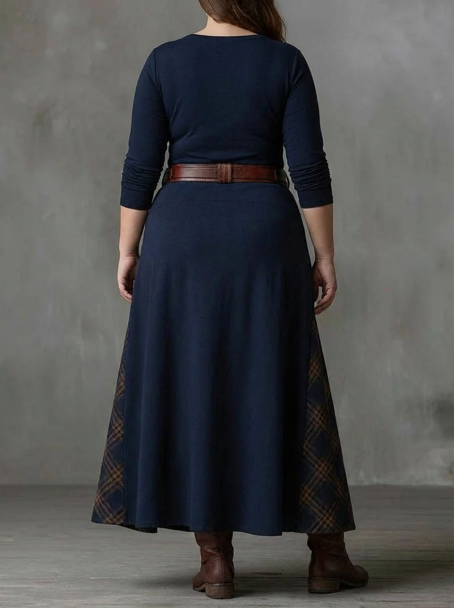 Frankie | Navy Blue Suede Check Vintage Long Dress with Belt