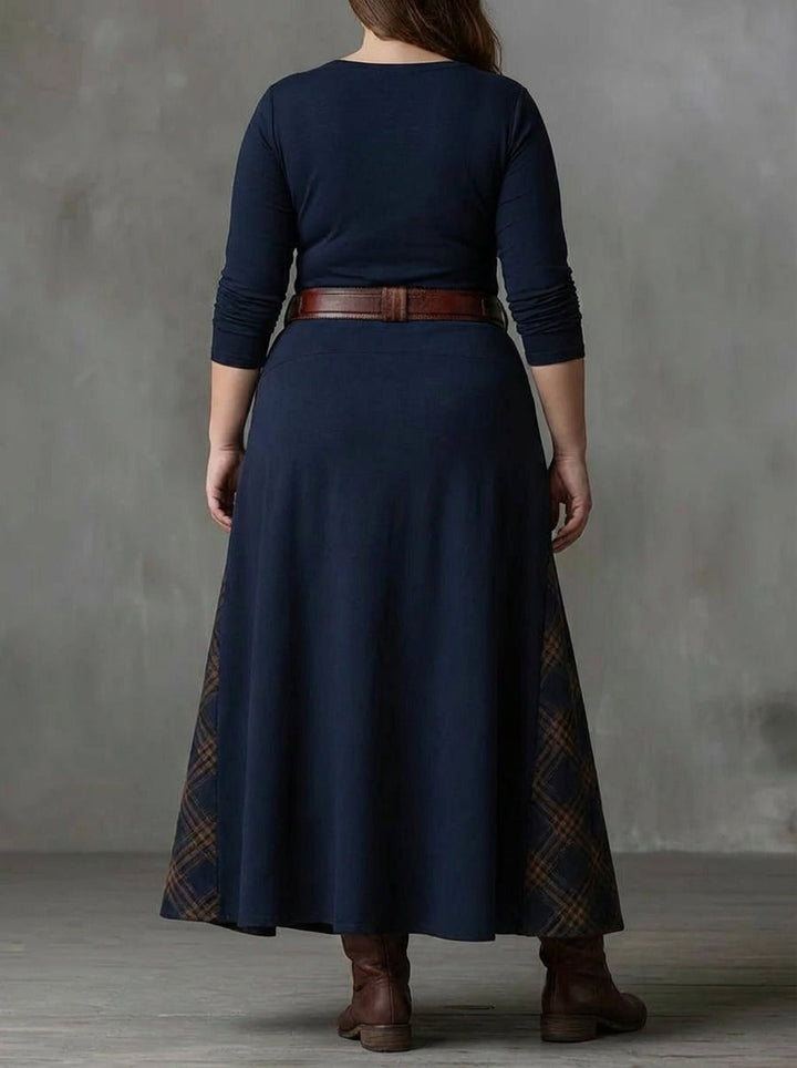 Frankie | Navy Blue Suede Check Vintage Long Dress with Belt