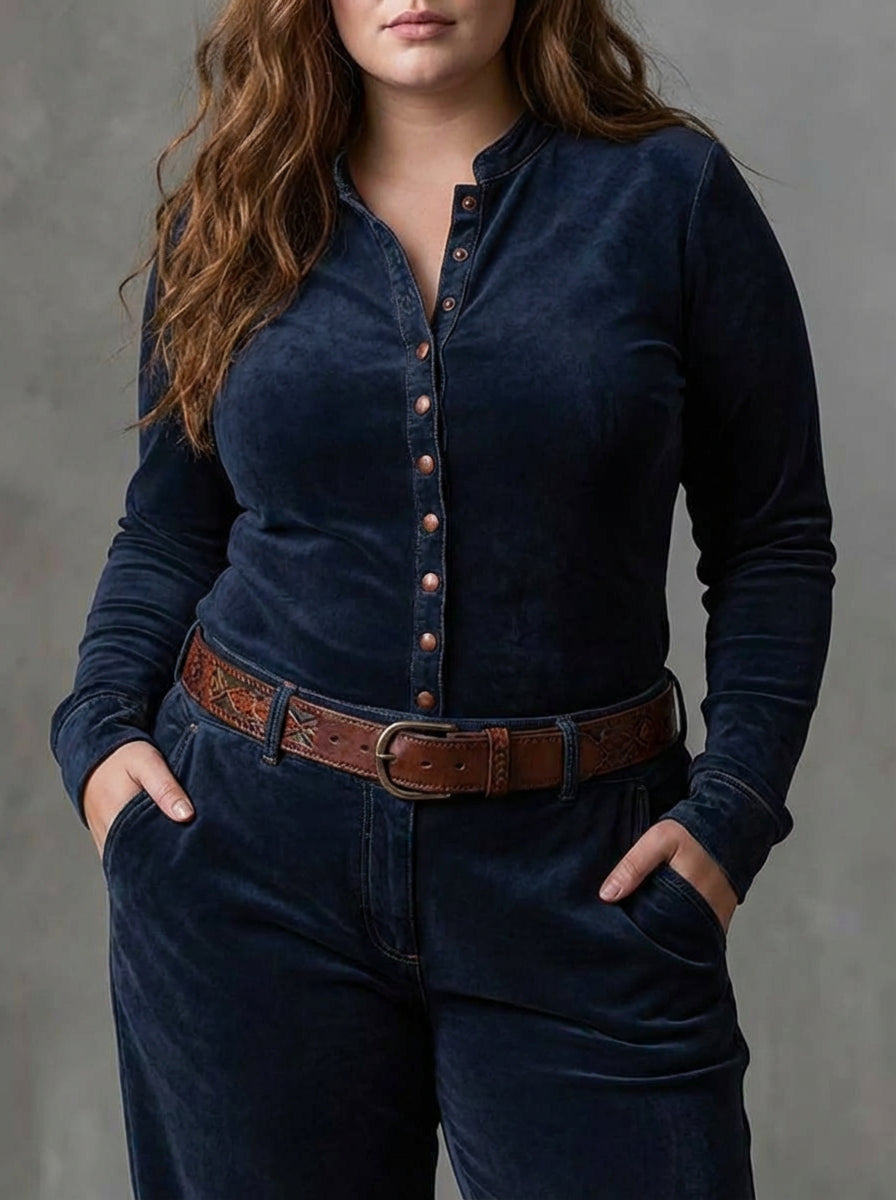 Frankie | Navy Blue Suede Check Vintage Long Dress with Belt