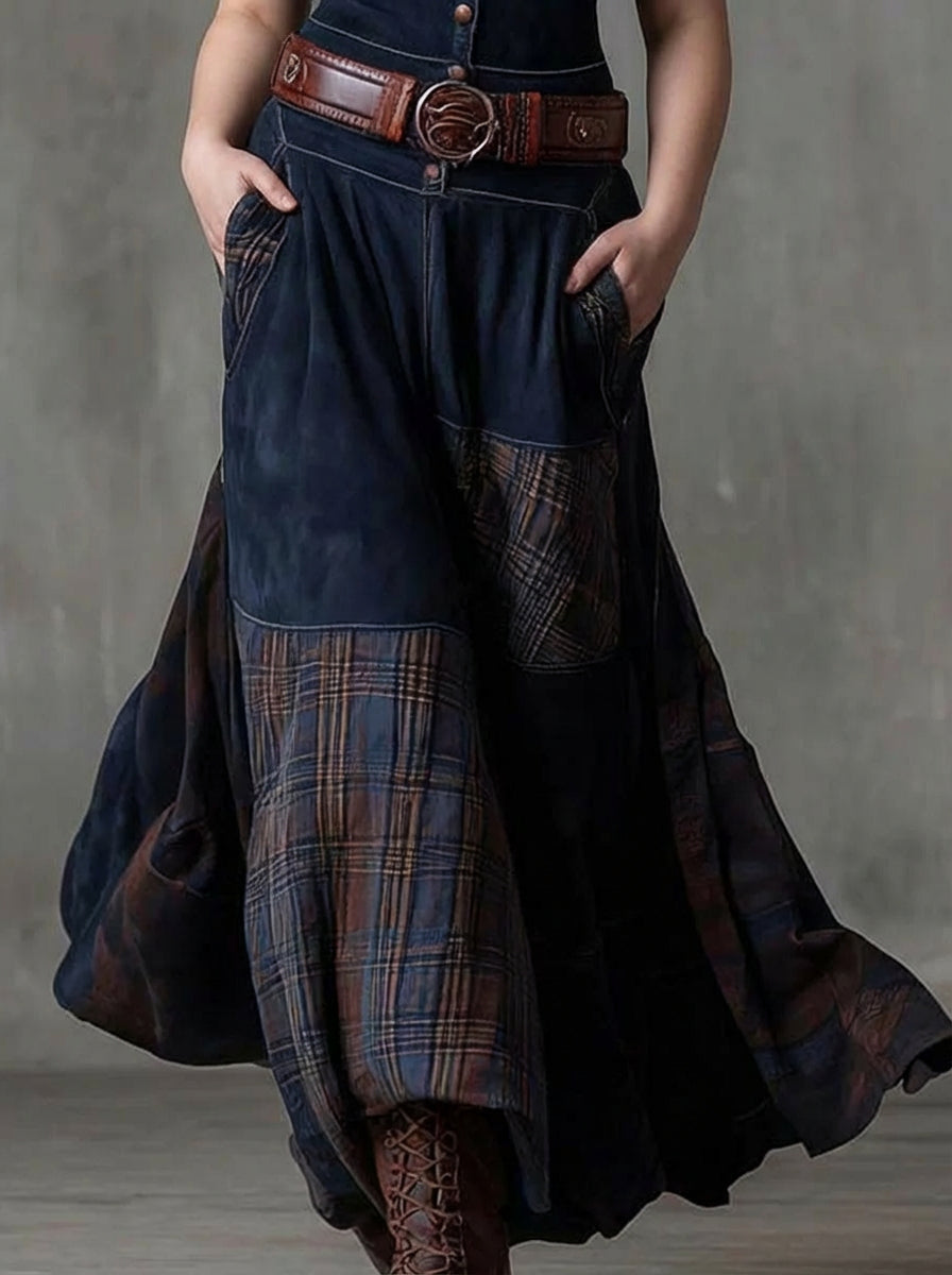 Frankie | Navy Blue Suede Check Vintage Long Dress with Belt