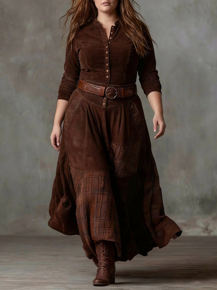 Frankie | Navy Blue Suede Check Vintage Long Dress with Belt
