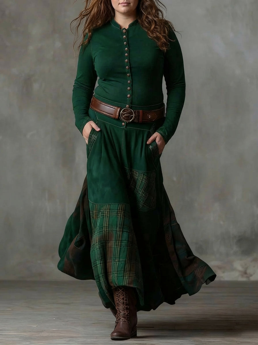 Frankie | Navy Blue Suede Check Vintage Long Dress with Belt