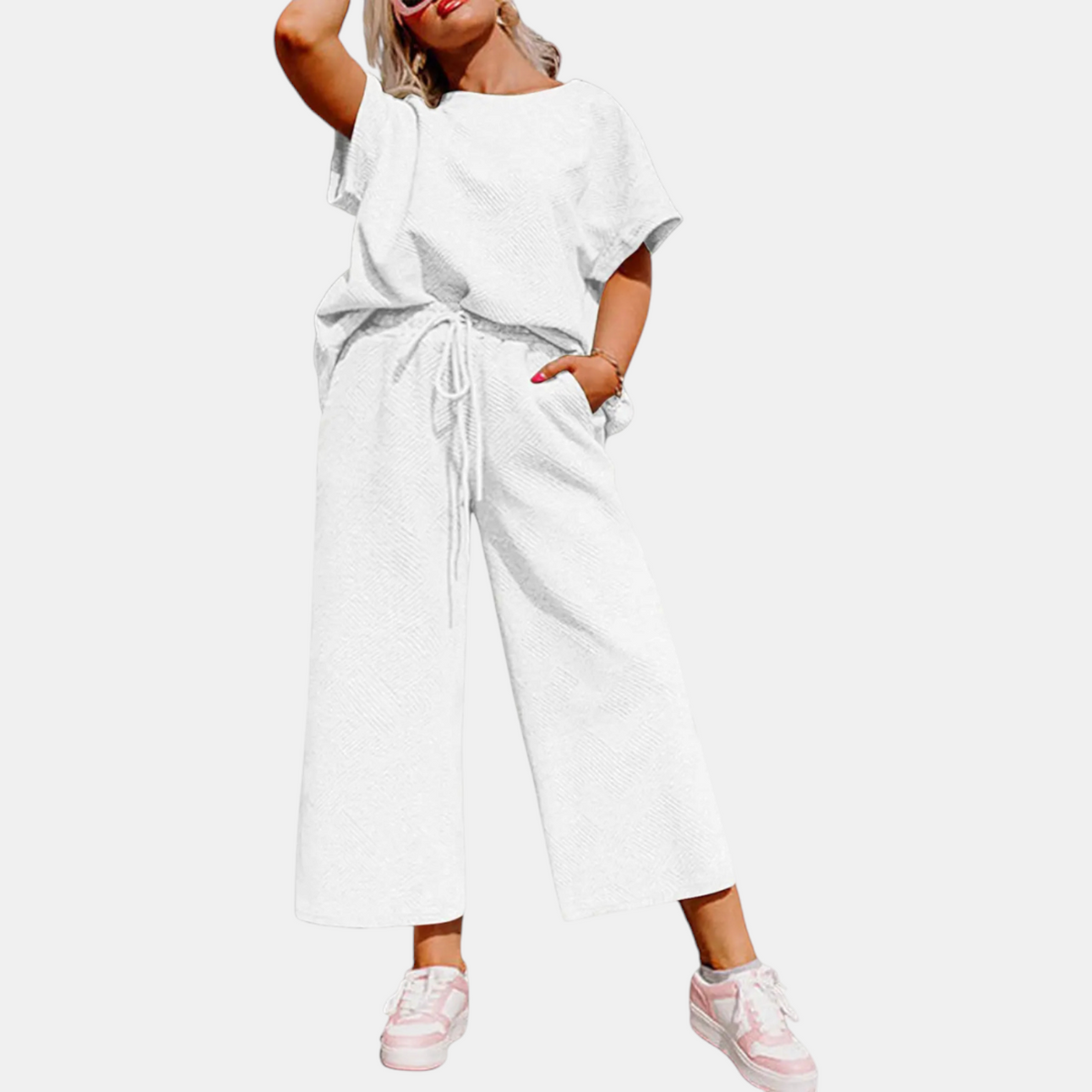 Women's Cropped Wide Leg Lounge Set with Textured Blouson Top