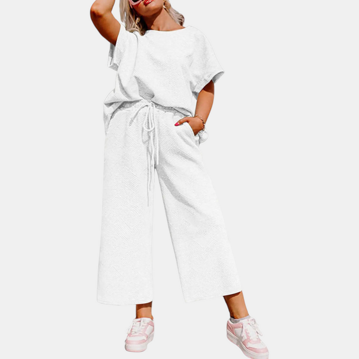 Women's Cropped Wide Leg Lounge Set with Textured Blouson Top
