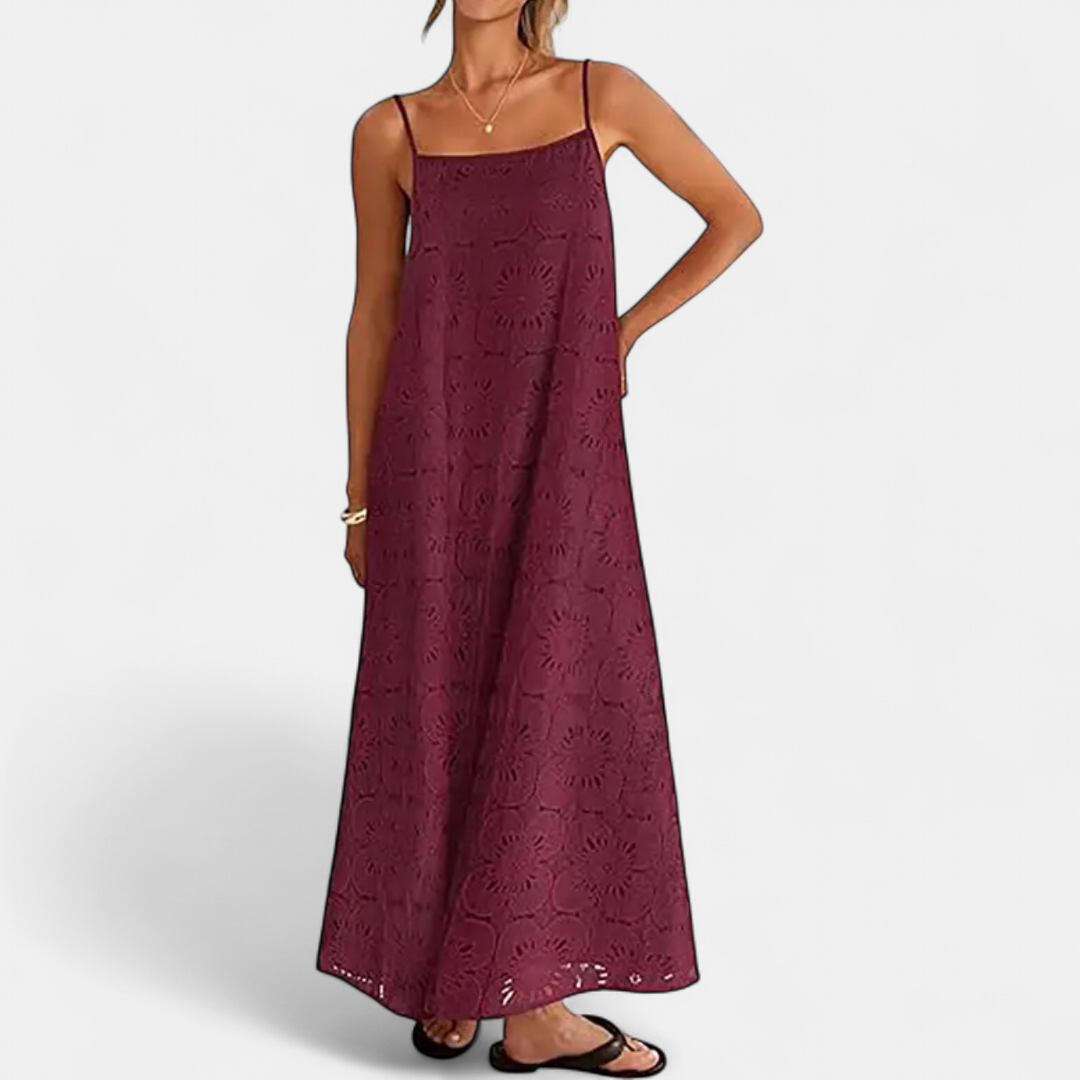LUNA | Bohemian Maxi Dress with Floral Lace Eyelet Details