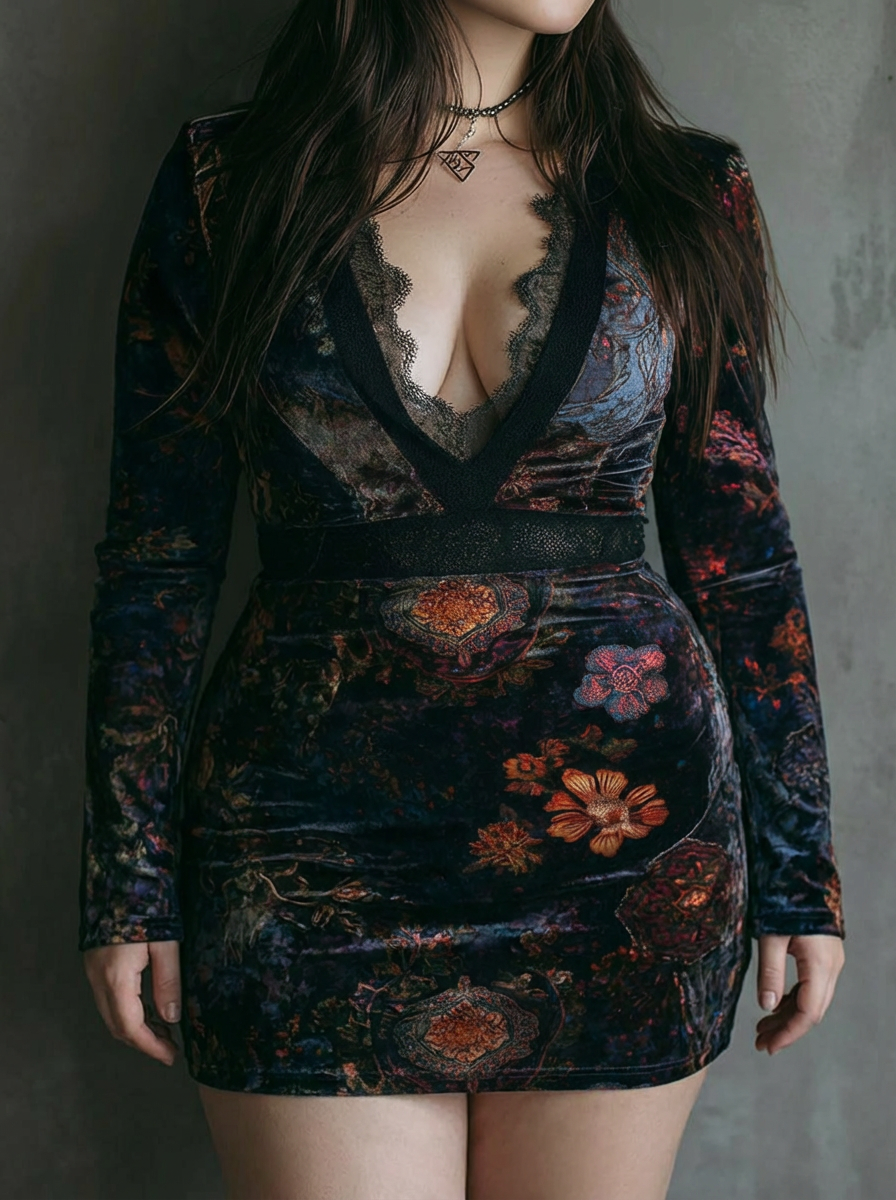 Yara | Slim-Fit Mini Dress with Floral Print, V-Neck, and Velvet Lace Trim