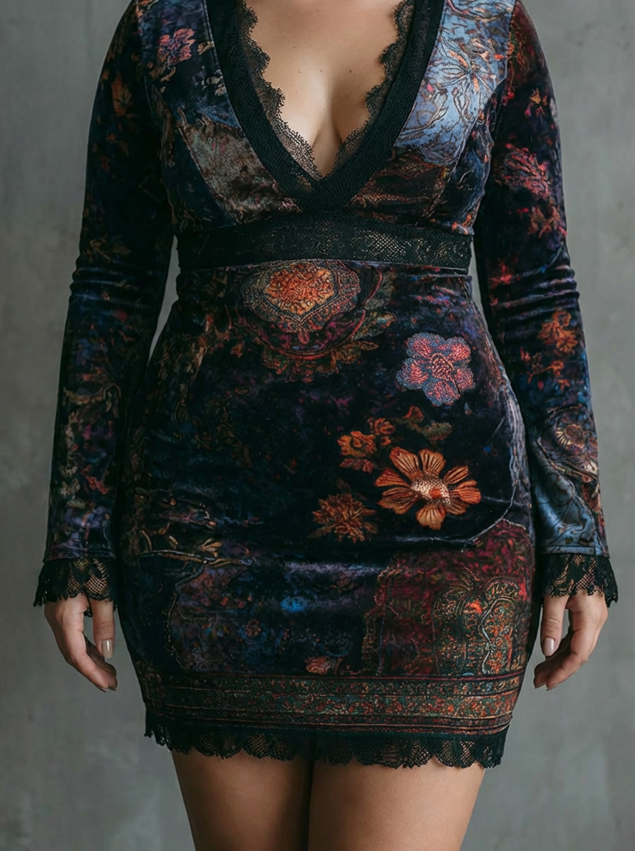 Yara | Slim-Fit Mini Dress with Floral Print, V-Neck, and Velvet Lace Trim