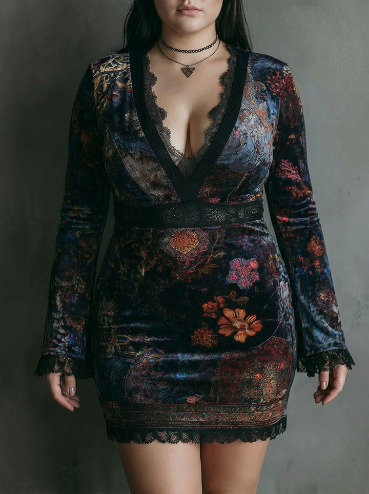Yara | Slim-Fit Mini Dress with Floral Print, V-Neck, and Velvet Lace Trim