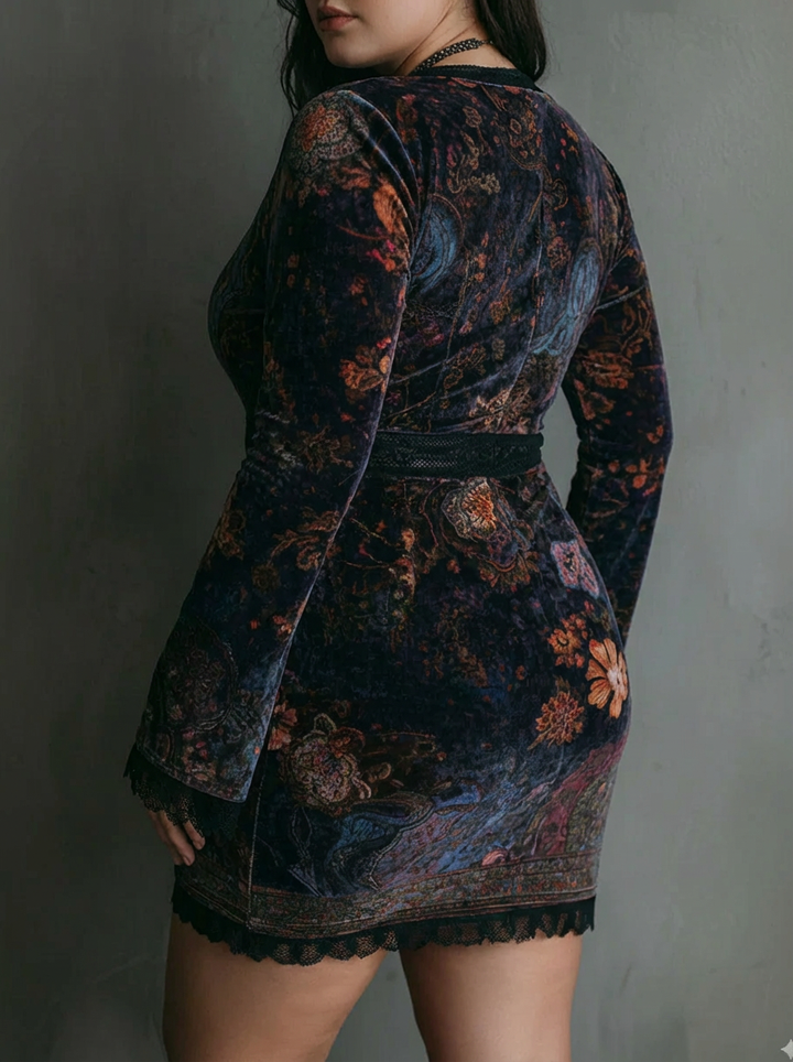 Yara | Slim-Fit Mini Dress with Floral Print, V-Neck, and Velvet Lace Trim