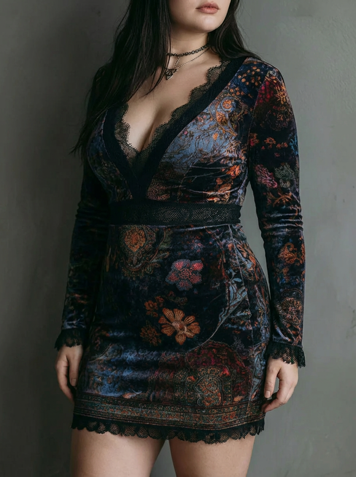 Yara | Slim-Fit Mini Dress with Floral Print, V-Neck, and Velvet Lace Trim