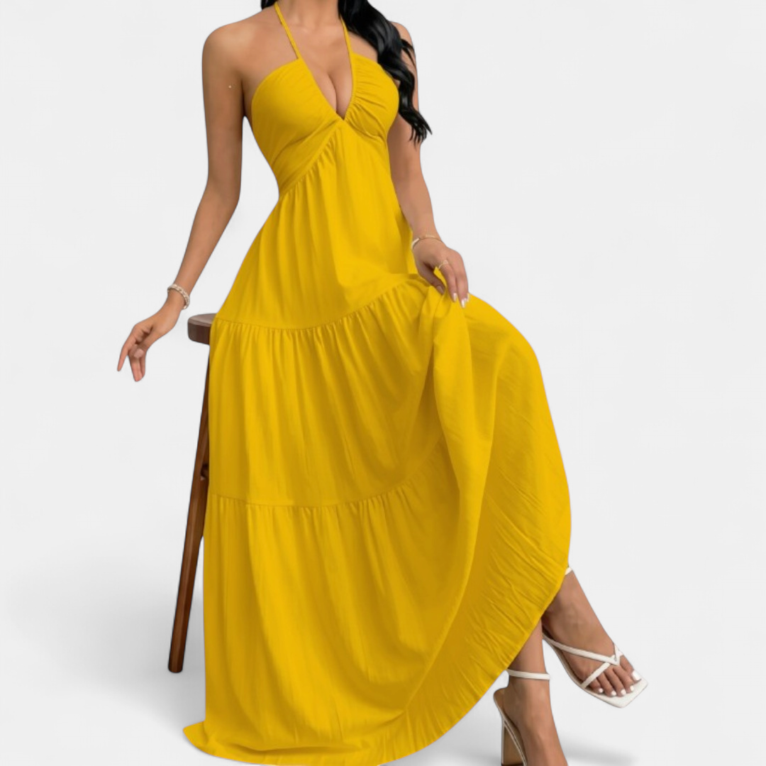 ZARA™ – Chic Halter Neck Maxi Dress with Tie-Back Detail