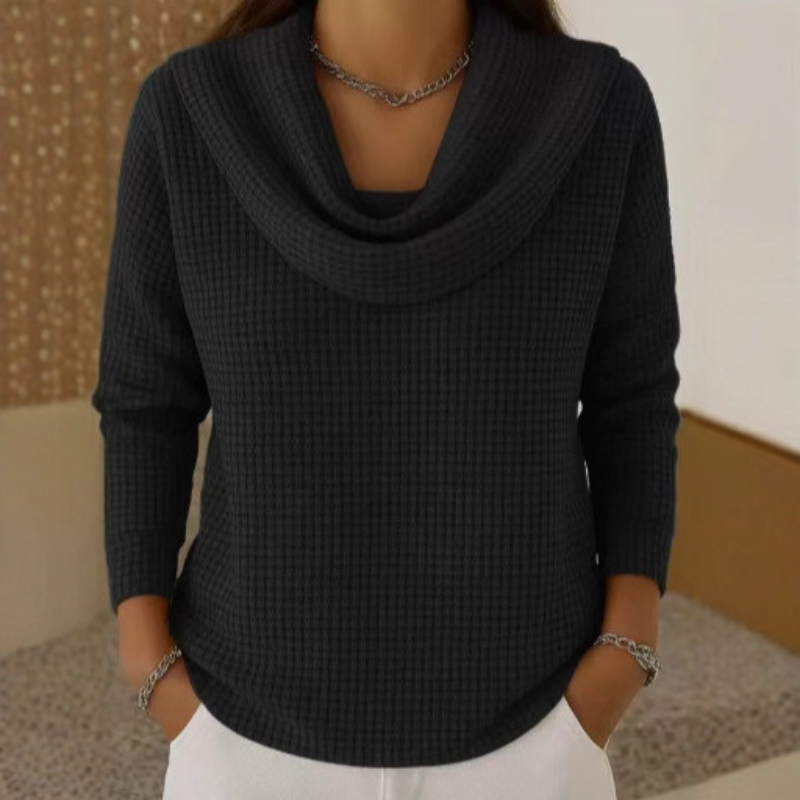 Amber - Cozy Waffle Sweater with Chic Waterfall Neckline