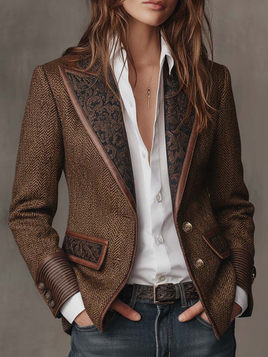 Florentina | Women's Herringbone Blazer with Gold Accents