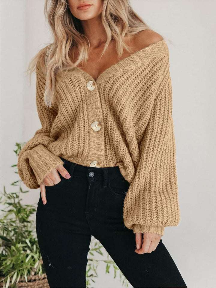 Cassandra | Women's Chunky Knit Cardigan with Deep V-Neck and Button Detail