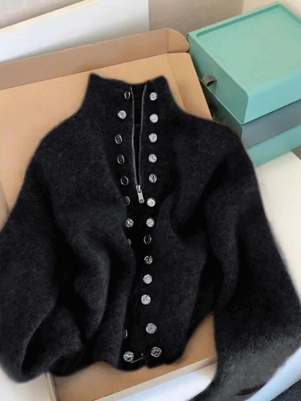 Milana | Women's High Neck Knitted Cardigan with Faux Button Details