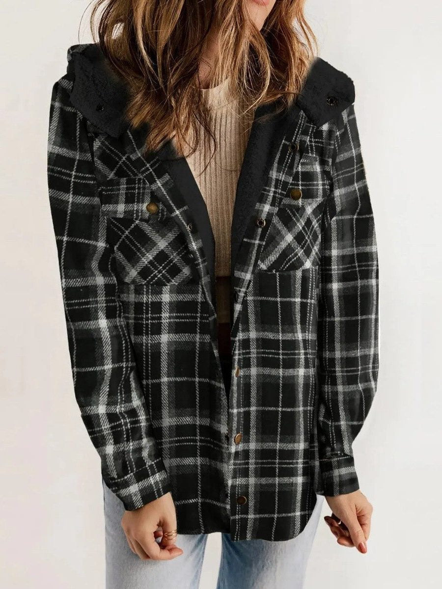 Odile | Women's Oversized Plaid Hooded Jacket with Button Front
