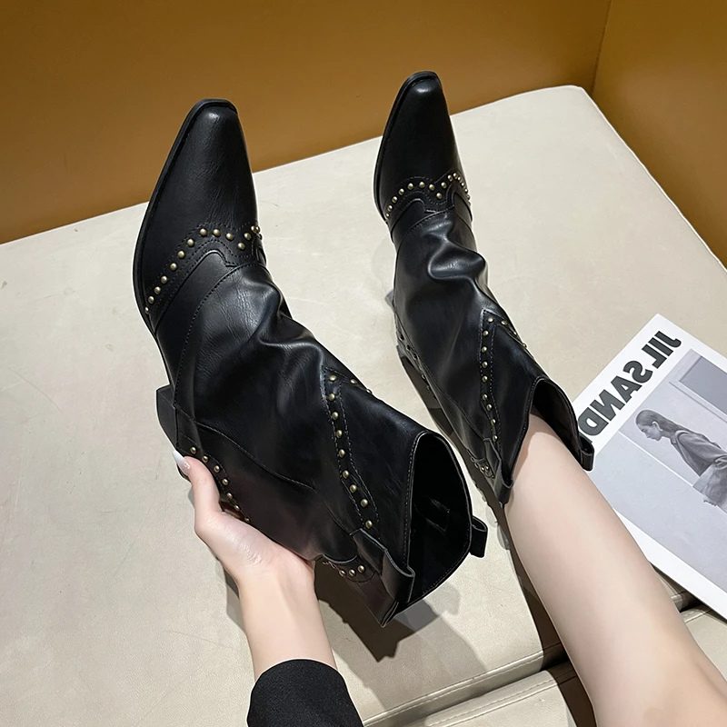 Fleur | Women's Western Ankle Boots with Stud Accents and Block Heel