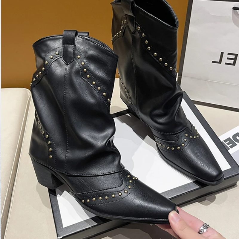 Fleur | Women's Western Ankle Boots with Stud Accents and Block Heel