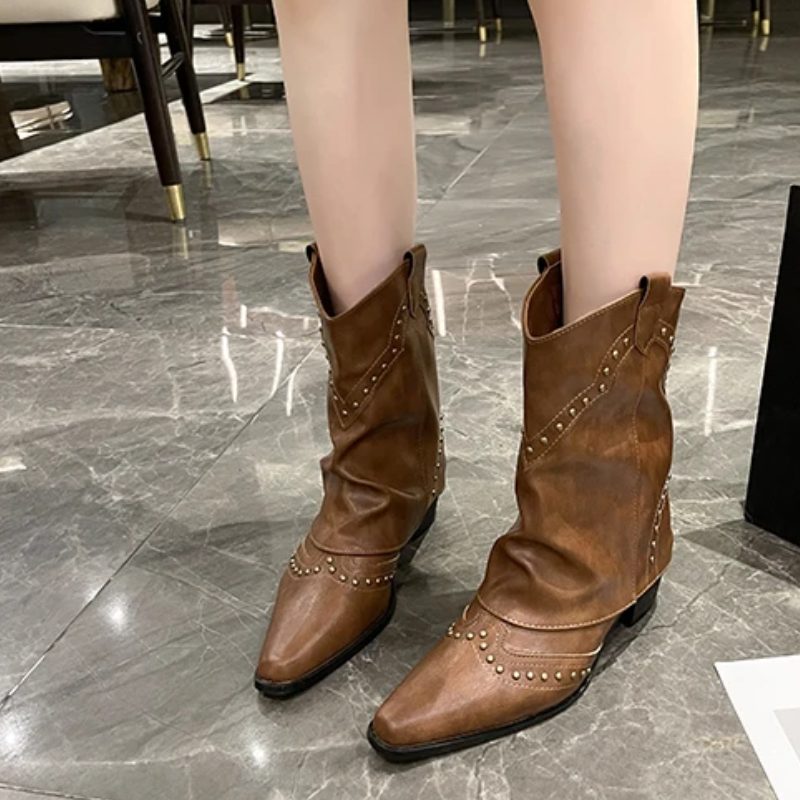 Fleur | Women's Western Ankle Boots with Stud Accents and Block Heel