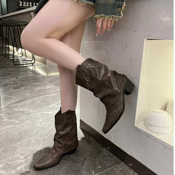 Fleur | Women's Western Ankle Boots with Stud Accents and Block Heel