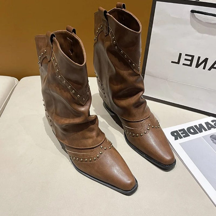 Fleur | Women's Western Ankle Boots with Stud Accents and Block Heel