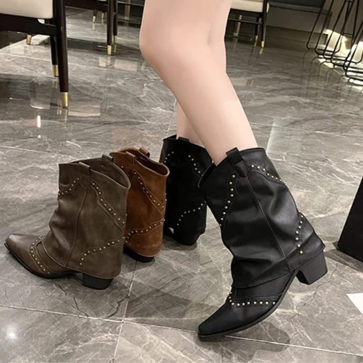Fleur | Women's Western Ankle Boots with Stud Accents and Block Heel