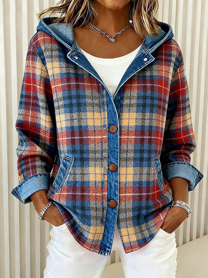 Nadrina | Women's Hooded Denim Jacket with Check Panel Contrast