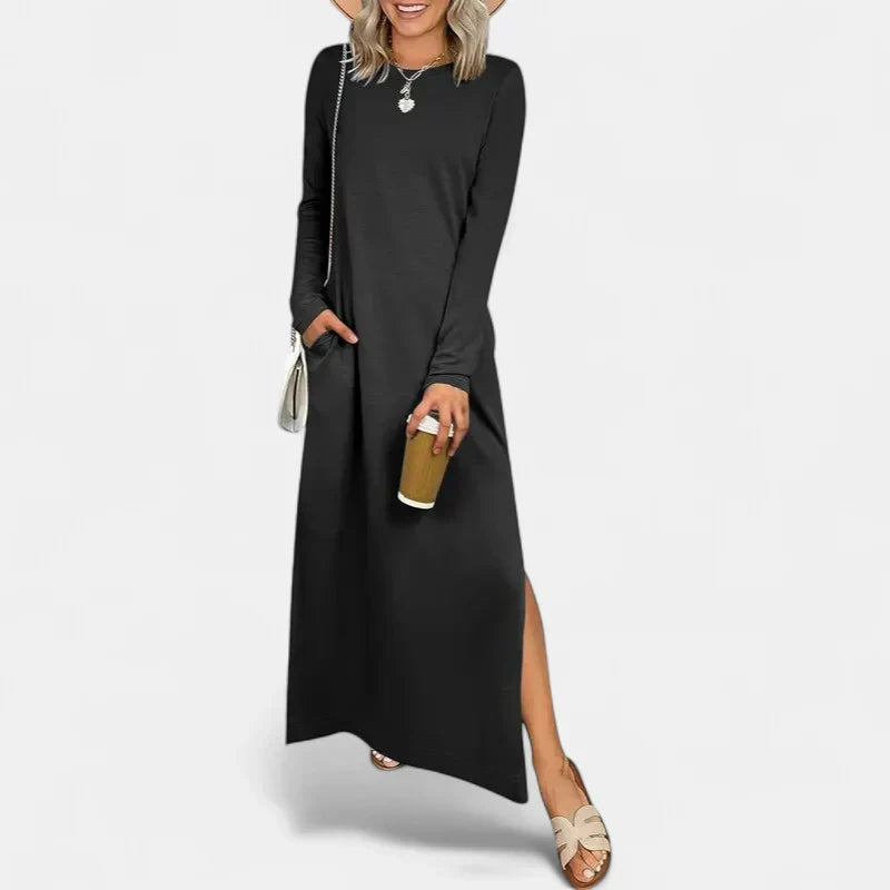 SANDRA | Relaxed Fit Long Sleeve Crewneck Maxi Dress