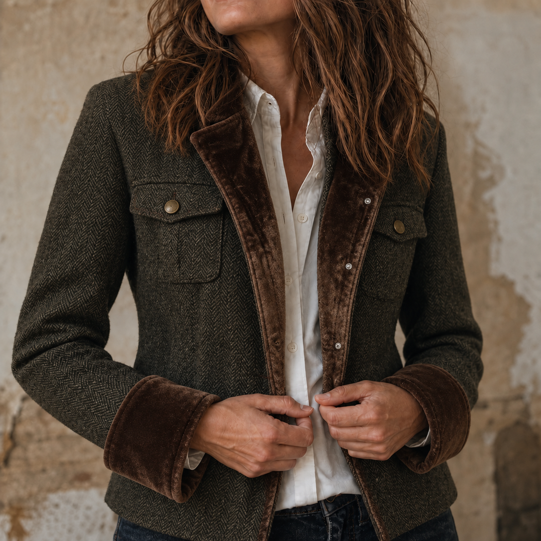 Herrivé – Contrast-Trim Herringbone Structured Blazer