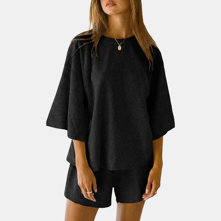 Women's Oversized Lounge Set with Drop Shoulder Top and Mini Shorts