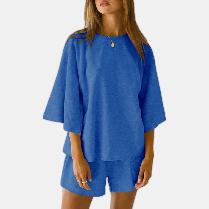 Women's Oversized Lounge Set with Drop Shoulder Top and Mini Shorts
