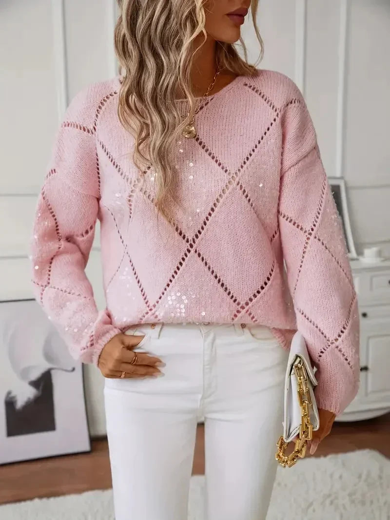 Constance | Women's Pointelle Knit Sweater with Sequin Accents