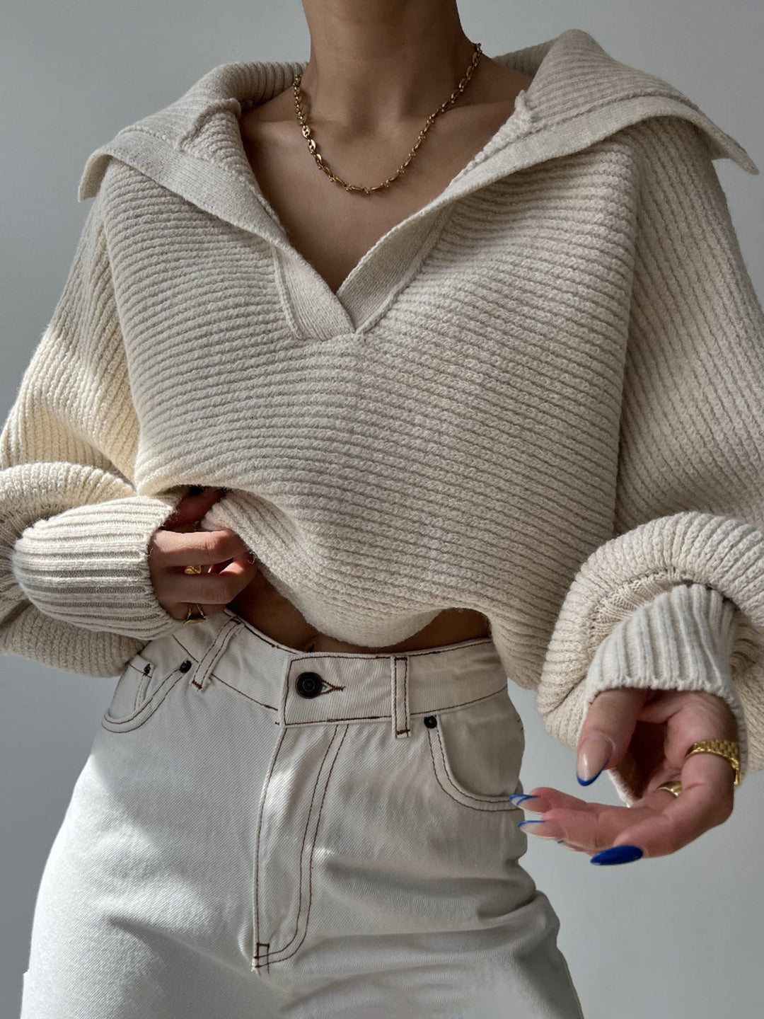 Jane | Women's Ribbed Polo Sweater with Split Collar and Wide Cuffs