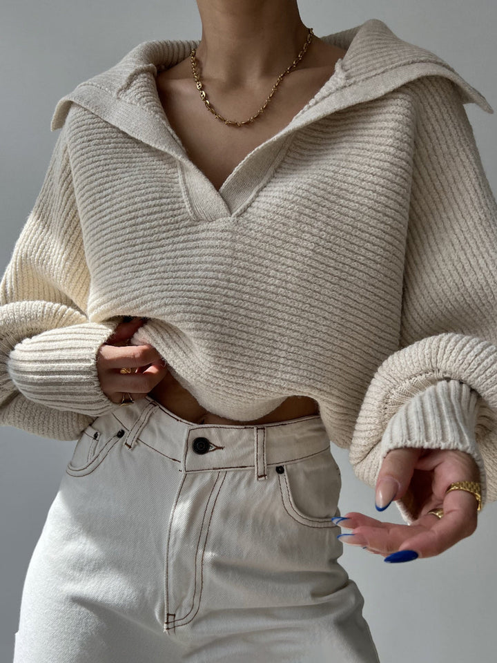 Jane | Women's Ribbed Polo Sweater with Split Collar and Wide Cuffs