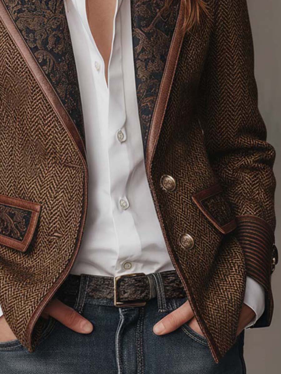 Florentina | Women's Herringbone Blazer with Gold Accents